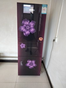 出海信 Hisense品牌的三门冰箱，颜色为紫色，款式为对开