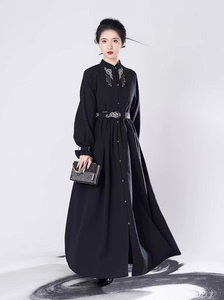织造司原创汉服[归档]明制汉元素刺绣对襟连衣裙黑色风衣外套女