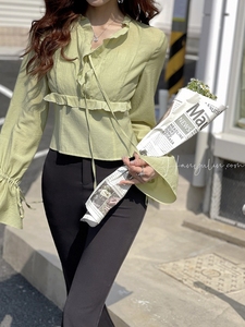甩卖！！！韩语琳新款系带荷叶边喇叭袖草绿色雪纺上衣女小衫设计
