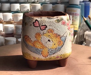 小九手工釉烧花盆，#复古小熊，纯手捏刻线，非jaya，紫砂
