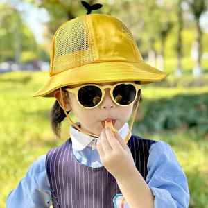 儿童黄色防晒帽夏季男女童幼儿园太阳帽子宝宝网眼大檐遮阳渔夫帽