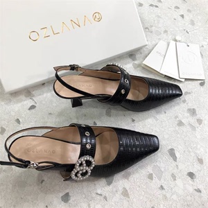 正品OZLANA春夏安妮系列凉鞋珍珠扣饰蜥蜴纹裸跟鞋AU21