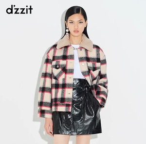 dzzit小地素格子毛呢羊毛秋冬外套短大衣