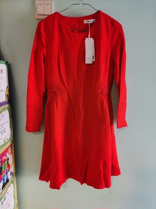 【包邮】全新朵以Duoyi女士春秋长袖连衣裙正红色蕾丝收腰女
