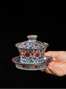 景德镇老陶泥釉里红缠枝莲马蹄盖碗茶杯子单个高档家用陶瓷泡茶碗