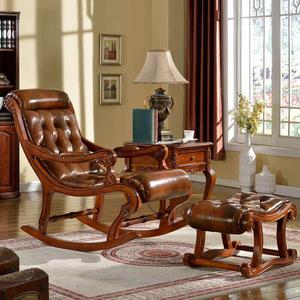 美式真皮摇椅实木休闲椅躺椅家用沙发老人椅脚踏欧式沙发椅午睡椅