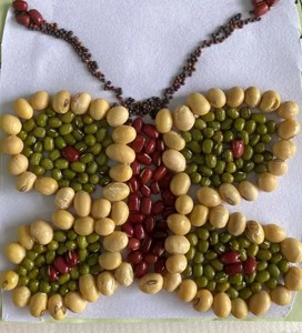 出多彩的豆子拼成的蝴蝶，每粒豆子都仔细地拼凑在一起，色彩搭配