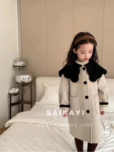 saikayi童装双面羊绒冬韩版时尚女宝宝中长款花瓣领大衣