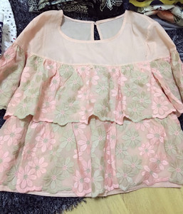 韩国代购重工刺绣上衣衬衫淡粉色无色差，很可爱减龄。如图所示，