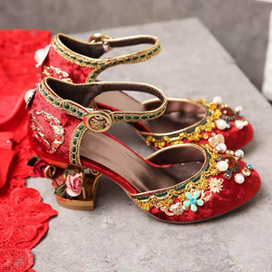 中国风红色婚鞋宫廷复古鸟笼鞋粗跟镶钻 售出不退换