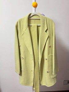 9.9新100%双面羊绒大衣，柠檬黄带腰带。