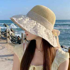 女人夏天的帽子海边度假防晒遮阳透气草帽时尚可折叠大帽檐蕾丝款