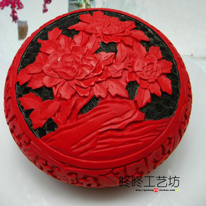 北京漆雕盒民族风中国红特色工艺品6寸富贵牡丹花结婚礼物包邮