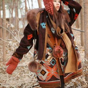 麦子原创女装 超温暖加绒两面穿复古定位印花大衣外套