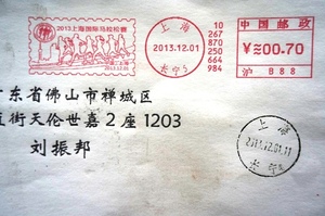 7747上海'2013上海国际马拉松赛'邮资机盖宣传戳（有齿）