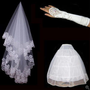 2019新娘三件套超长蕾丝花边1.5米结婚纱头纱软纱手套裙撑包邮