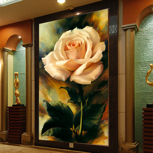 8D欧式简约玄关墙纸客厅过道走廊玄关无缝墙布油画玫瑰花卉壁纸画