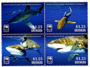 格林纳达WWF熊猫徽邮票~远洋白鳍鲨4方连新票