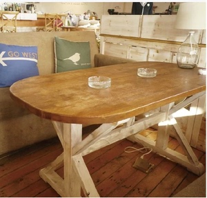 可定制椭圆餐桌圆角桌客厅餐厅家具咖啡桌实木松木复古做旧长餐桌