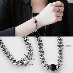 韩国定制925纯银黑玛瑙链条方块泰银个性复古手链白水晶首饰品女