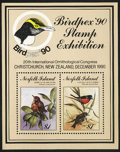 诺福克群岛1990国际鸟类专题邮展小型张，诺福克知更鸟CV$8 MNH