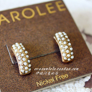 Carolee*质感做旧弧形金色小珍珠点耳钉耳环欧美原单外贸饰品超值