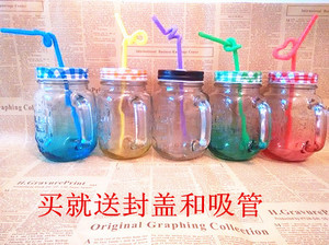 韩国创意彩色 透明带盖吸管手柄玻璃杯水杯子梅森杯罐头杯公鸡杯