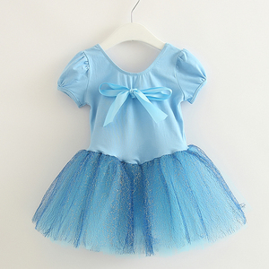 女童芭蕾舞纱裙表演服 练功服 舞蹈服形体服连体 夏款短袖 蓝色