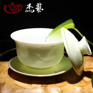 杰艺陶瓷影雕盖碗 青瓷浮雕茶碗三才碗 大号白瓷功夫茶具泡茶碗