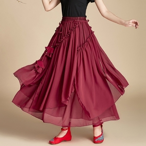 半身裙春夏季女装2019新款中长款不规则红色雪纺复古民族风裙子