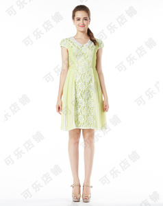 亦谷女装夏季黄绿色钉珠翻领蕾丝拼接短袖礼服连衣裙25612K8031