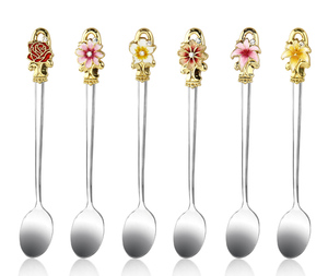 诺诗曼不锈钢咖啡勺 欧式家用创意花朵珐琅彩果汁搅拌勺子