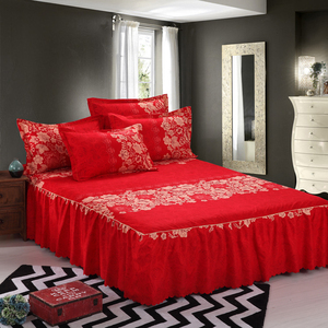 新品结婚庆大红色单件床裙床笠夏季床罩床单15m18m2米三四件套