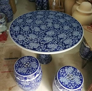 景德镇陶瓷桌子凳子瓷桌子凳子套件手绘青花山水大圆桌直径1米