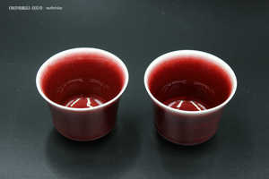 台湾 晓芳窑 郎红釉宝石红掬泉杯一对 红釉茶杯 已出