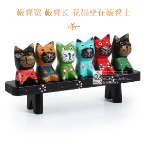 东南亚巴厘岛木雕风格板凳小猫摆件彩绘招财办公桌面家居装饰品