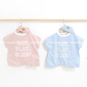 现货韩国婴儿衣服进口童装夏季女宝宝纯色发带字母短袖卫衣连体衣