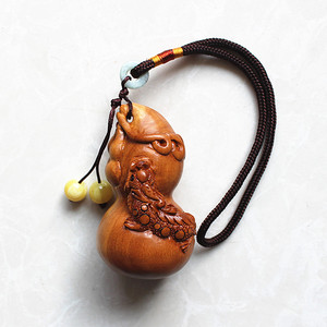 桃木葫芦貔貅葫芦把玩挂饰项链吊坠钥匙扣 把玩件 精雕财神手把件