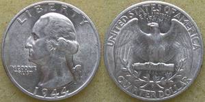 ★少见.近未流通★美国.25美分.1944年S版.华盛顿银币