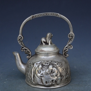 古玩新款十品古董 白铜铸造人物图小酒壶 茶壶居家装饰老旧货收藏
