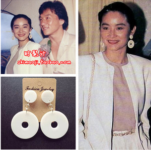 偶像来了 80年代女神明星林青霞同款白色双圈圆形个性时髦大耳环