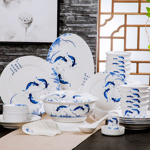 景德镇陶瓷青花瓷年年有余鱼28 56头骨瓷碗盘碟餐具套装家用礼品