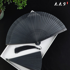 中国风全风扇子折雕扇刻镂空日式古竹男女士折叠扇手工黑色舞蹈扇