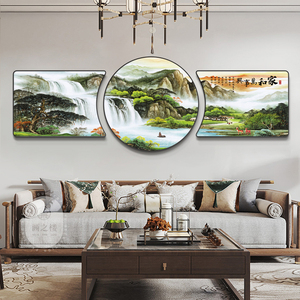 家联万事兴海纳百川客厅装饰画沙发背新墙景中式珠和璧合三联挂画