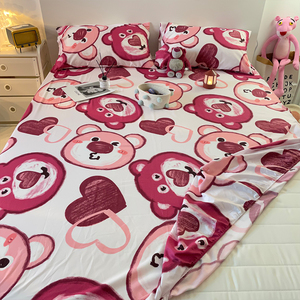 卡通草莓熊床笠单件网红床罩1.8m床垫防尘保护套少女爱心床单防滑