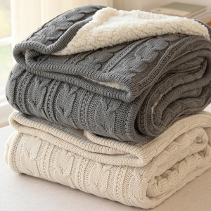 网红冬季羊羔绒针织毯毛线保暖编织加绒盖毯纯棉加厚休闲毛毯被子