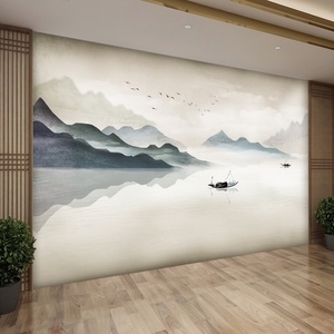 新中式水墨山水画集成沙板电视背景墙轻墙客厅奢发影视墙装饰扣板