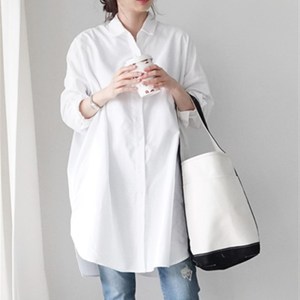 香港秋季2023新款白色衬衫休闲宽松bf风大版棉中长版长袖衬衫女装