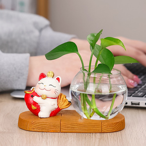 新中式家居客厅招财猫水培小摆件绿萝透明玻璃花瓶创意桌面装饰品