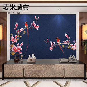独绣背景墙花客厅沙发电视卧室布鸟现代新中式高端绣刺无缝壁布